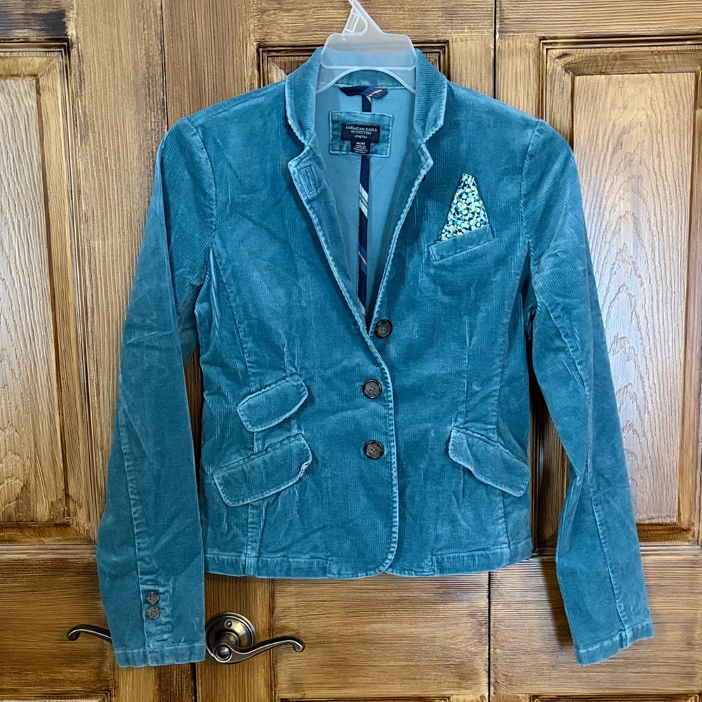 American Eagle Outfitters Teal Corduroy Blazer w/removable Floral Pocket Square